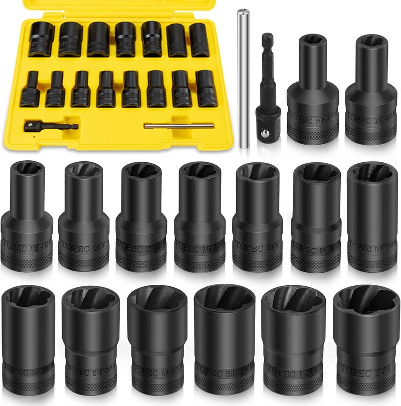 Topec 17Pcs Lug Nut Extractor Set, 1/2" Drive Locking Lug Nut Removal Tool, 8-27mm Wheel Lock Removal Kit, Deep Bolt Extractor Socket Set for Stripped, Broken, Rounded Bolts - Image 1